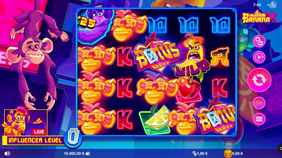 Banana X slot mobile gameplay interface na nagpapakita ng neon neon-lit na disenyo at influencer theme.