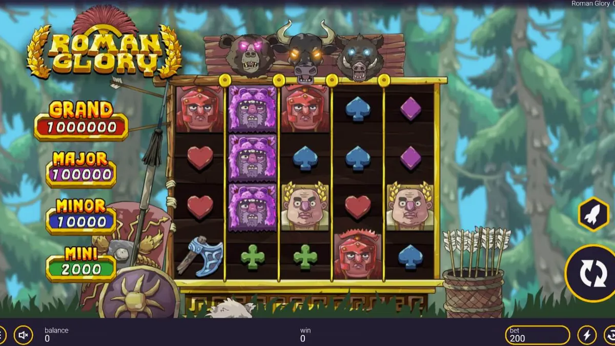 Roman Glory slot game interface na nagpapakita ng mga karakter at bonus symbols